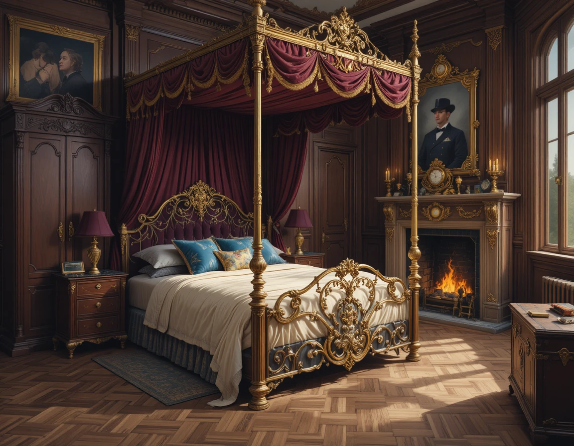Suntuosa cama con dosel antigua en un majestuoso dormitorio de madera