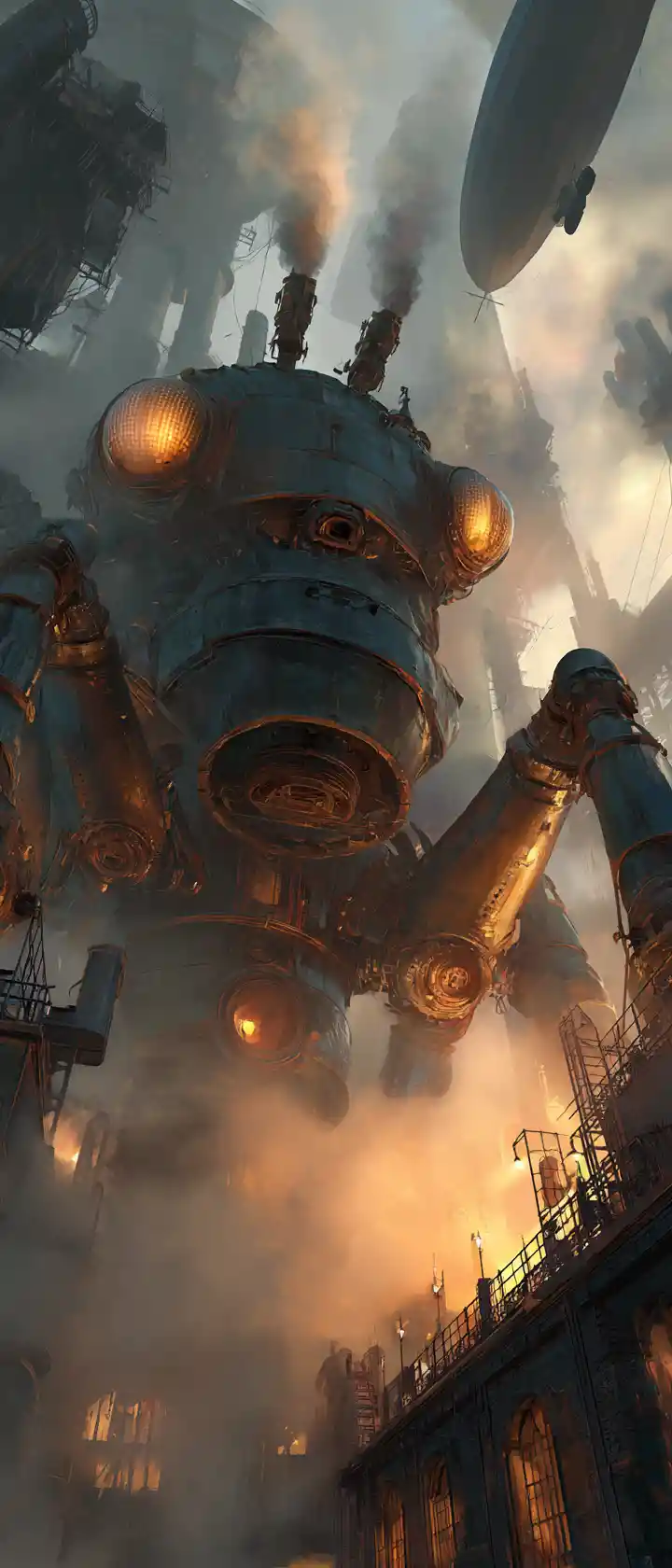 Gigantic Steampunk Ant Above Foggy Industrial City