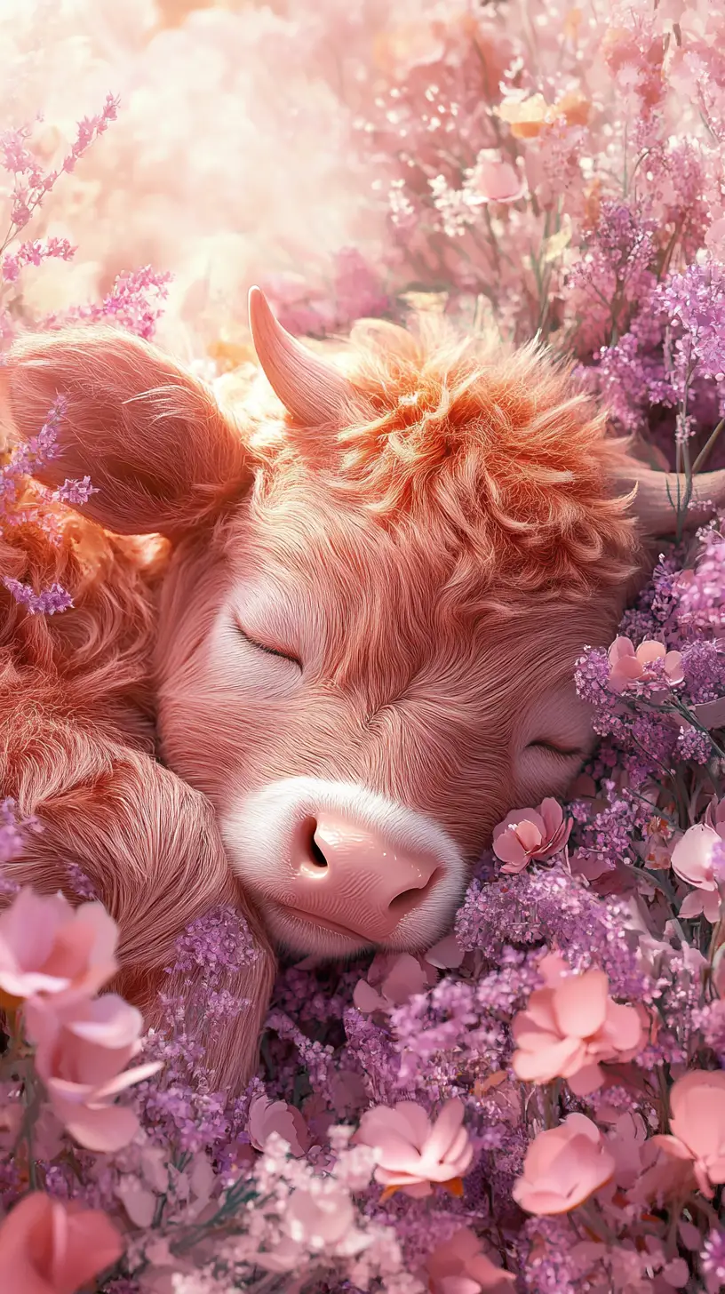 Sleeping fluffy calf in a bed of delicate flowers