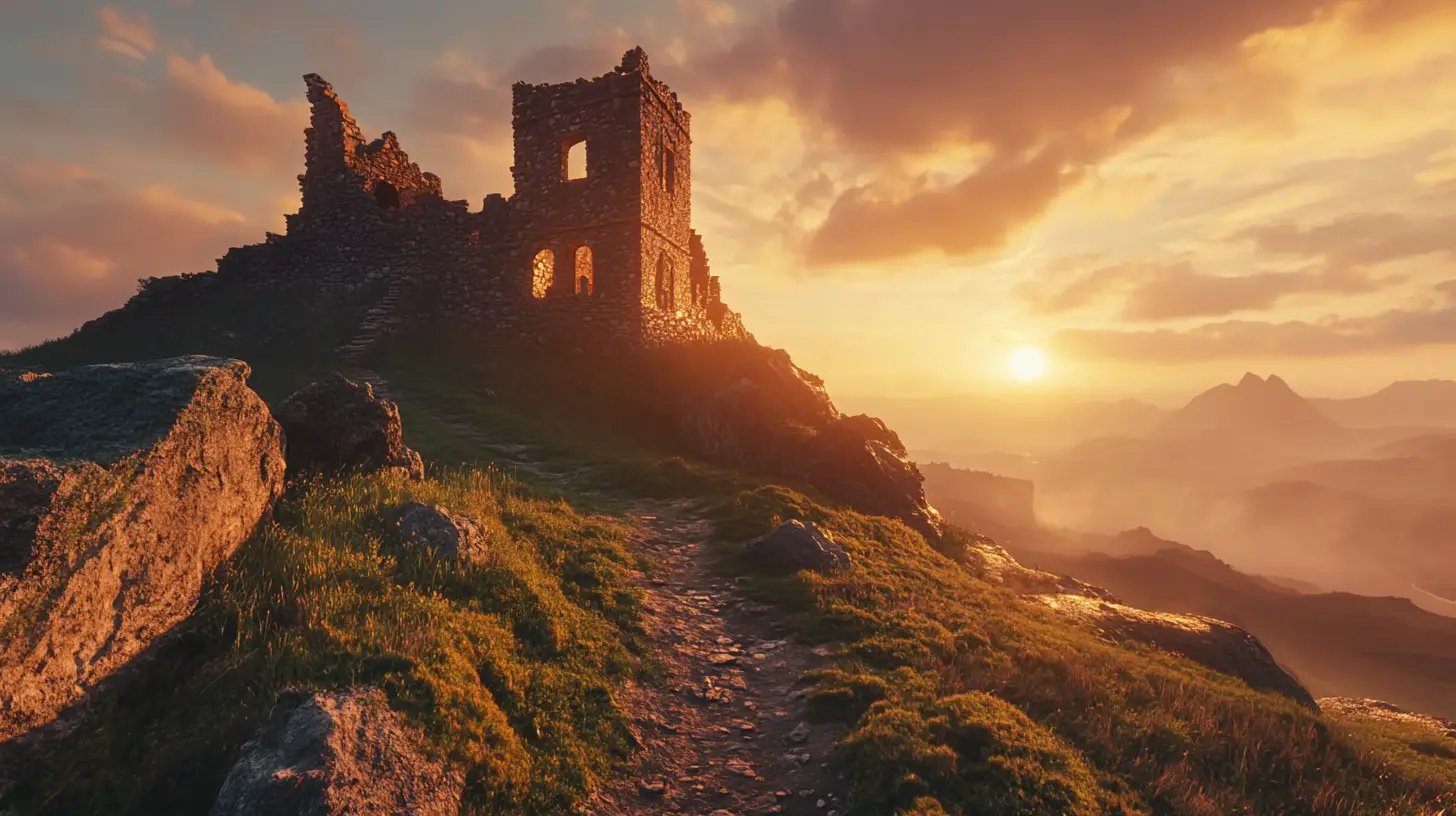 Ancient Castle Ruin On Cliff At Sunset