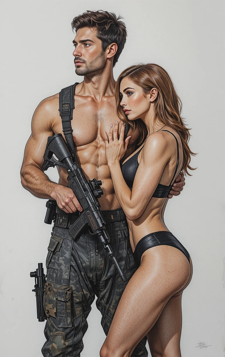Tense close up of armed man with worried young woman