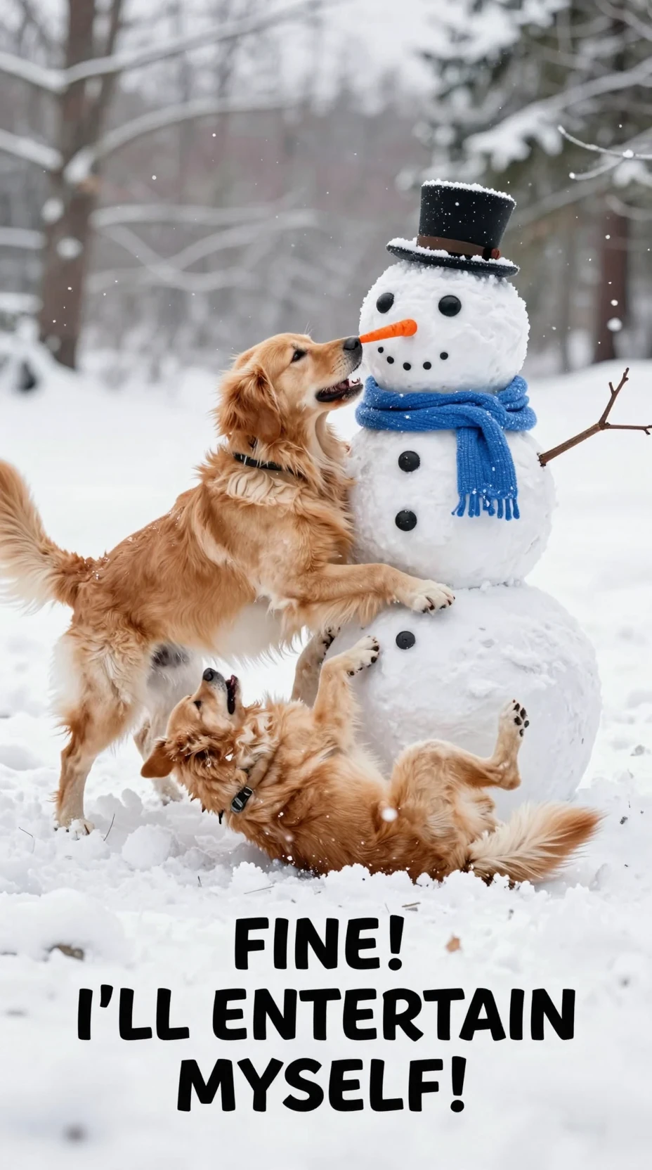 Golden retriever aboyant avec excitation sur un bonhomme de neige dans la neige