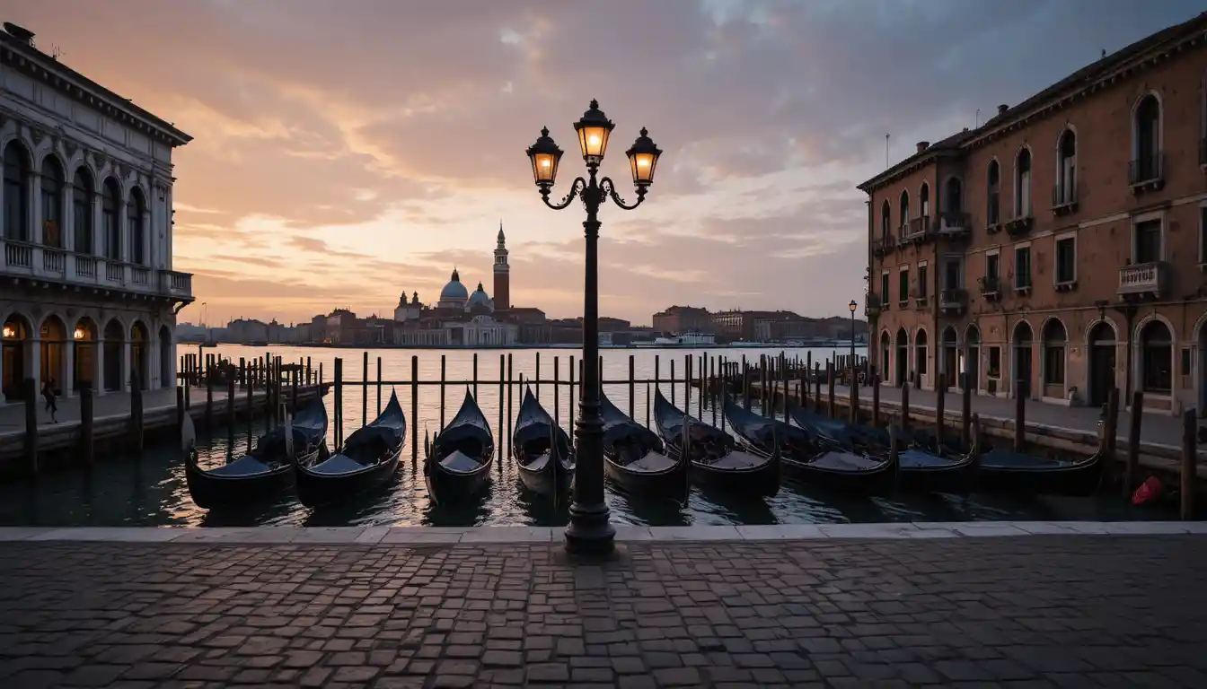 Canale veneziano al tramonto con gondole e lampione luminoso