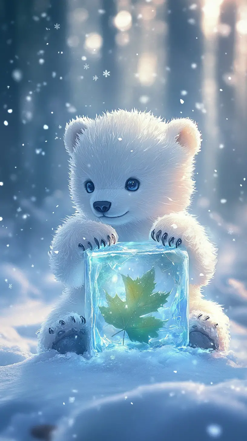 Cute polar bear cub with ice cube in snowy forest