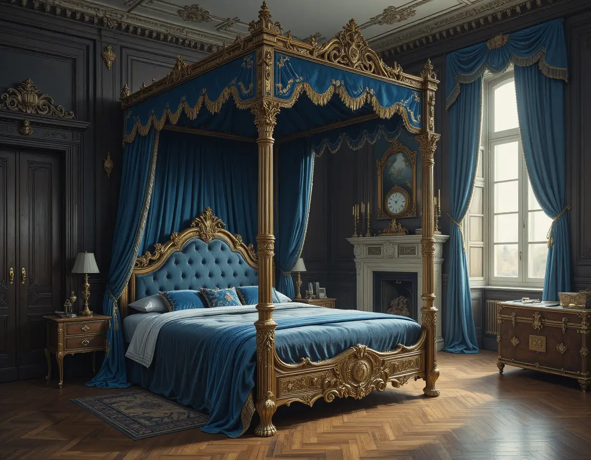Lujosa cama con dosel antigua en elegante dormitorio de madera