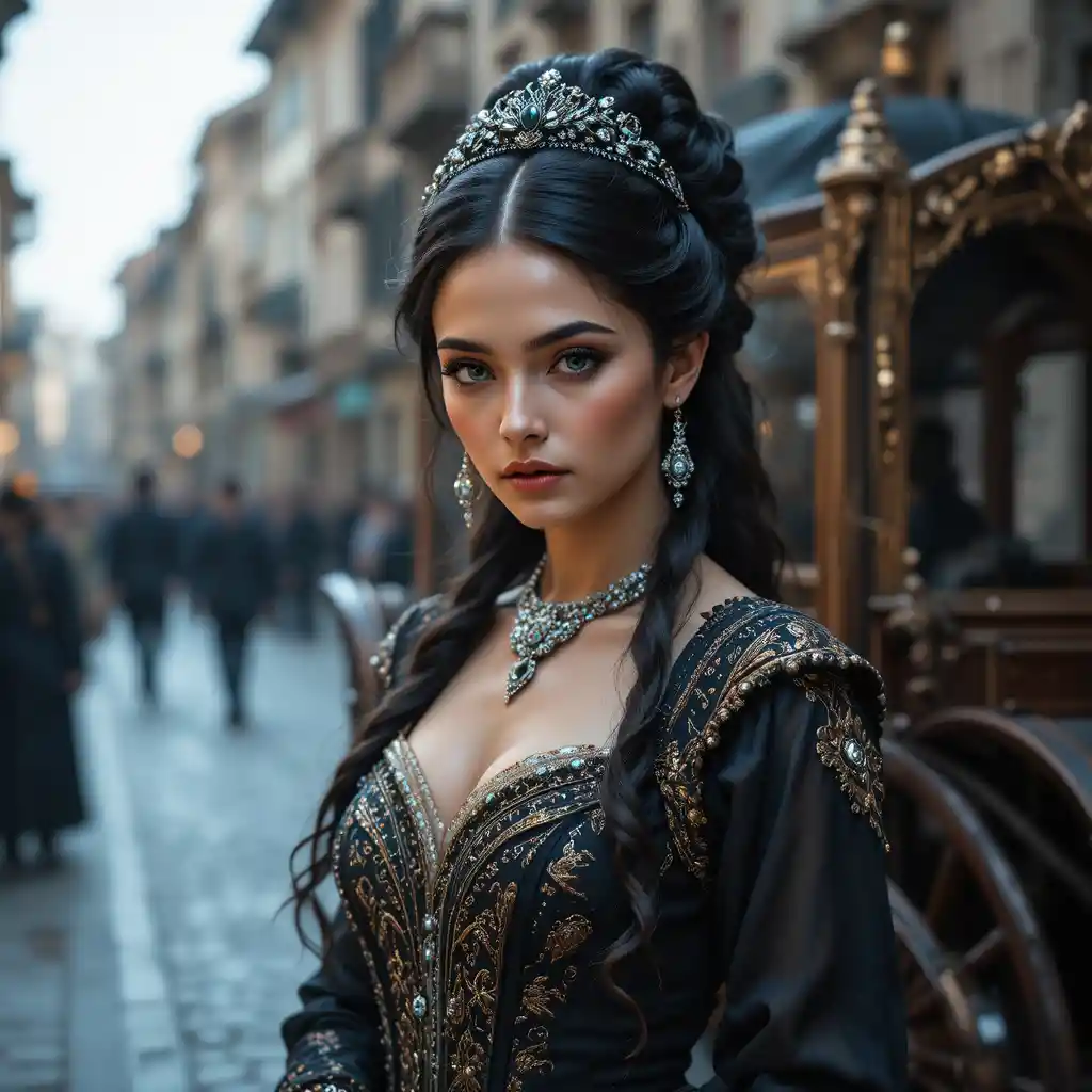 珠寶點綴中世禮服的優雅貴婦與馬車