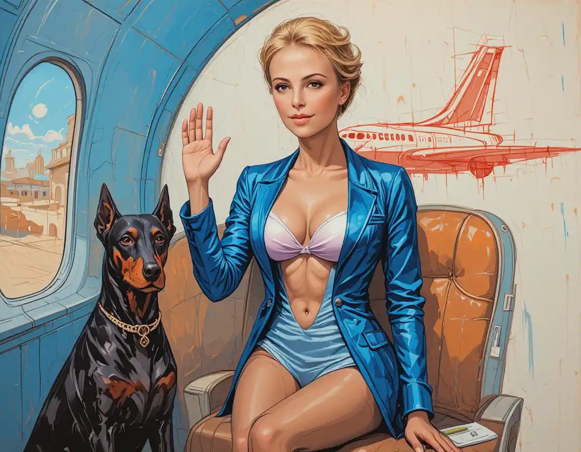 Sci‑Fi-Paar mit Dobermann in blauem futuristischem Raum