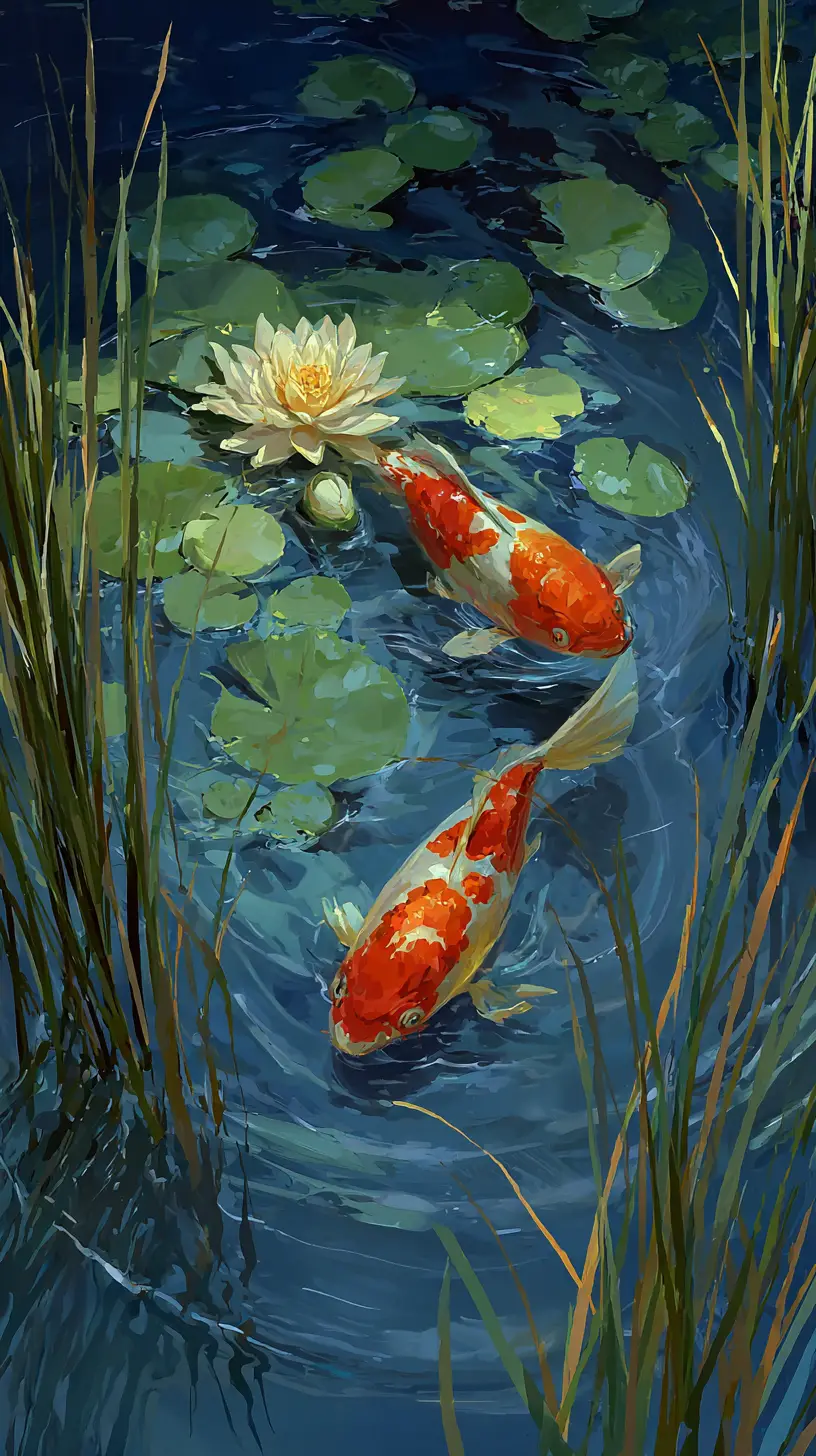 Serene koi fish swimming in a blue pond with water lily