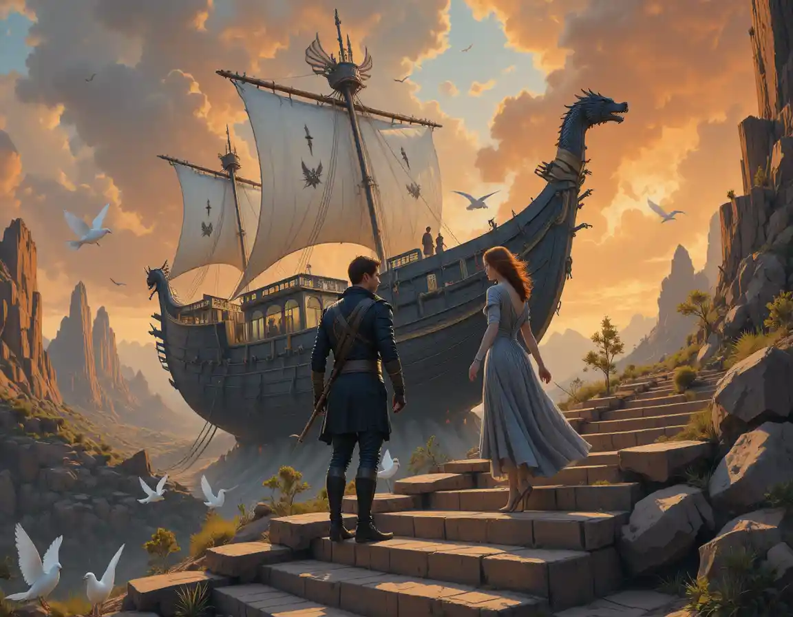 Fantasy airship above desert cliffs with two human figures