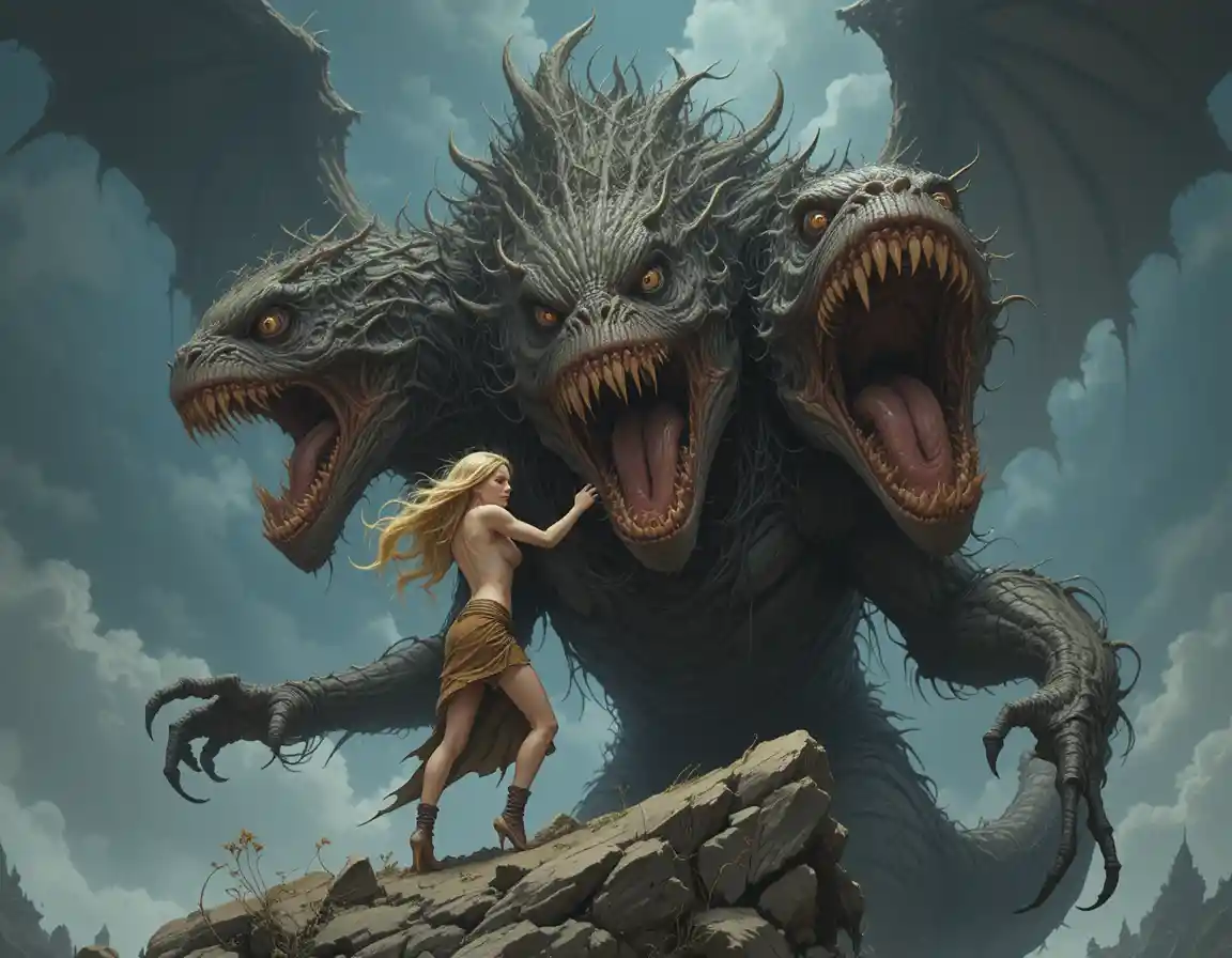 Ragazza bionda che cavalca un mostro a tre teste sotto la tempesta
