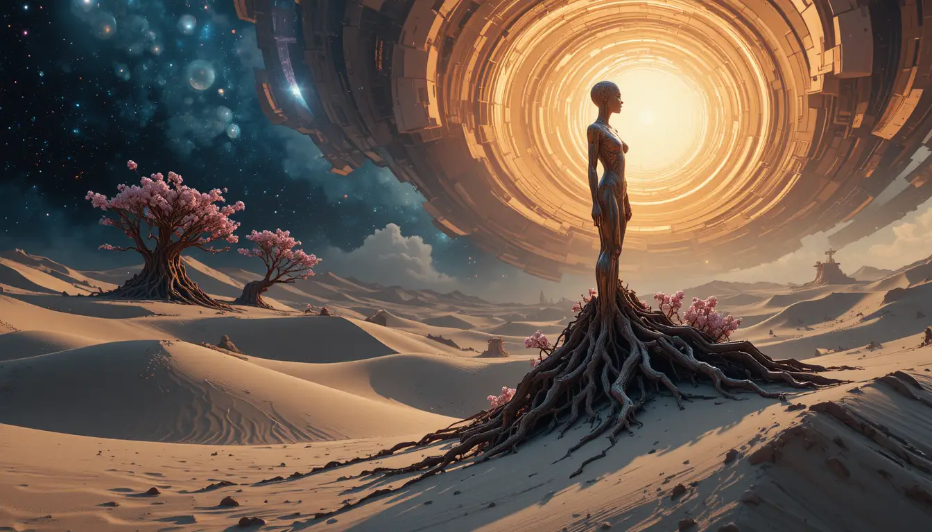 Surreal abstract sculpture rising above sunlit desert dunes
