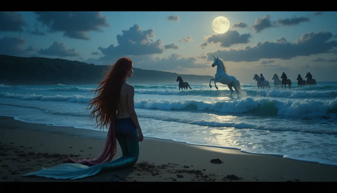 Sirena en una playa al crepúsculo mirando a un unicornio