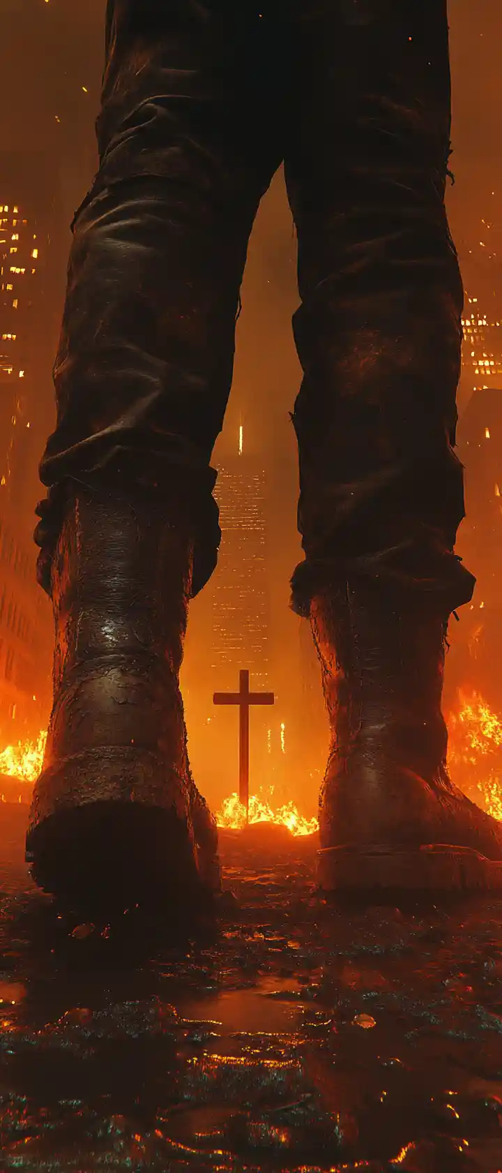 Giant army boots looming over burning city streets
