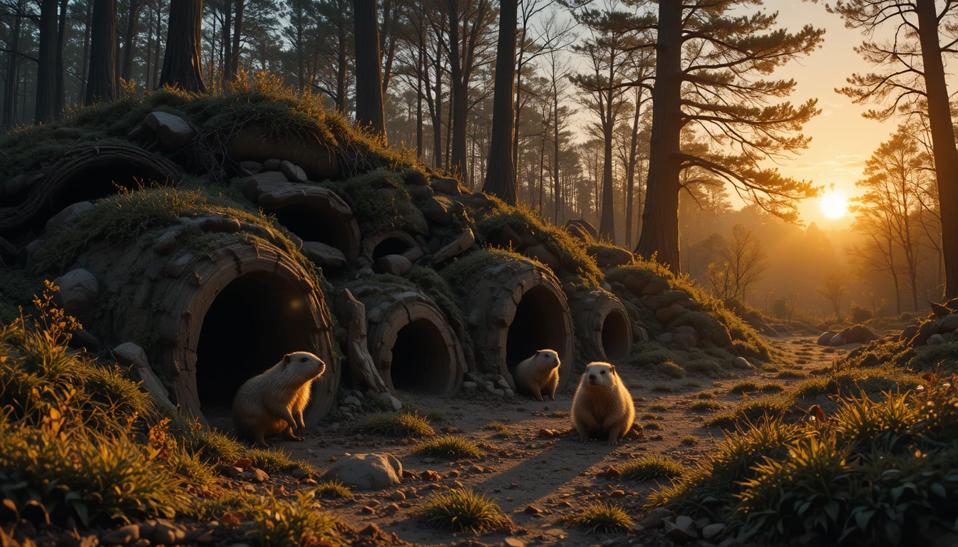Groundhog family at dusk outside forest burrow entrance