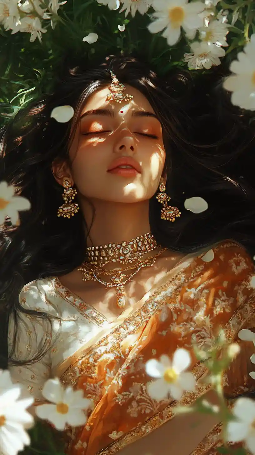 Indian woman resting in a field of white flowers