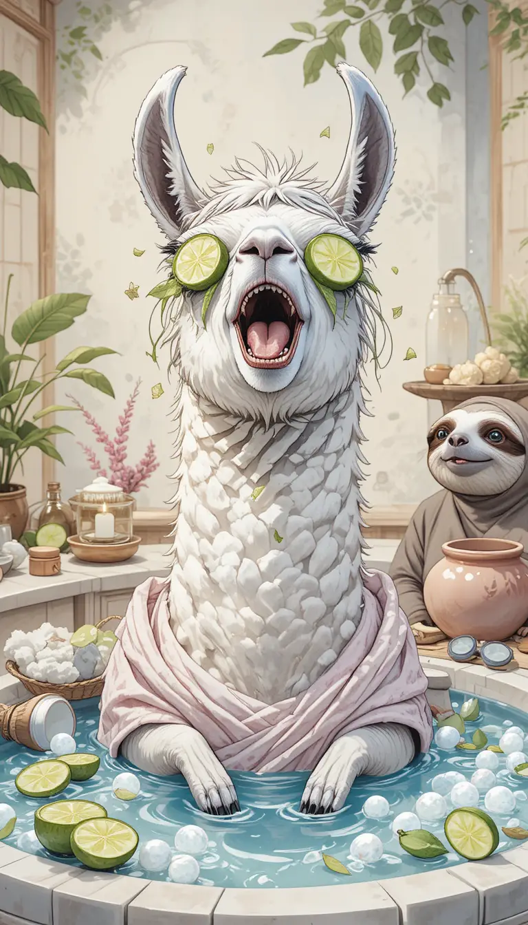 Dramatic llama at a spa with cucumbers flying off