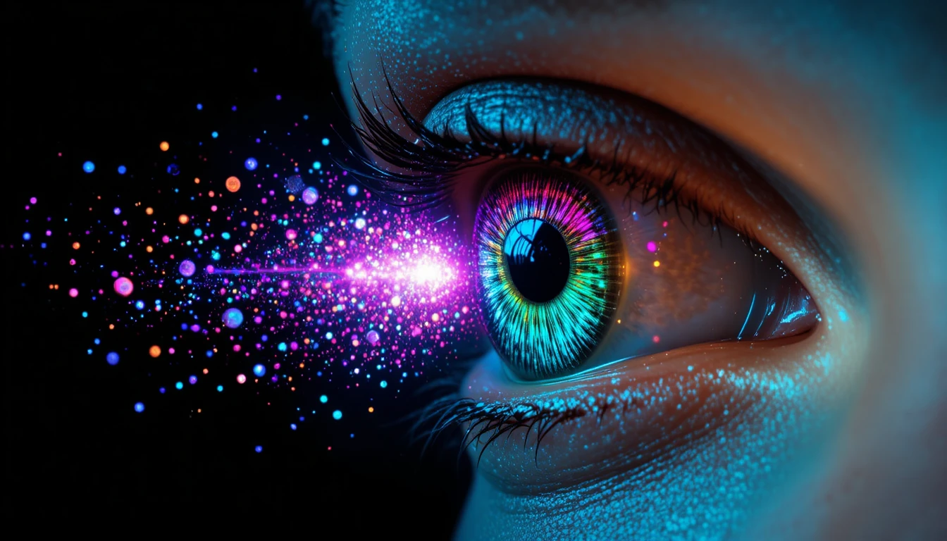 Primo piano macro surreale di un occhio umano con colori cosmici