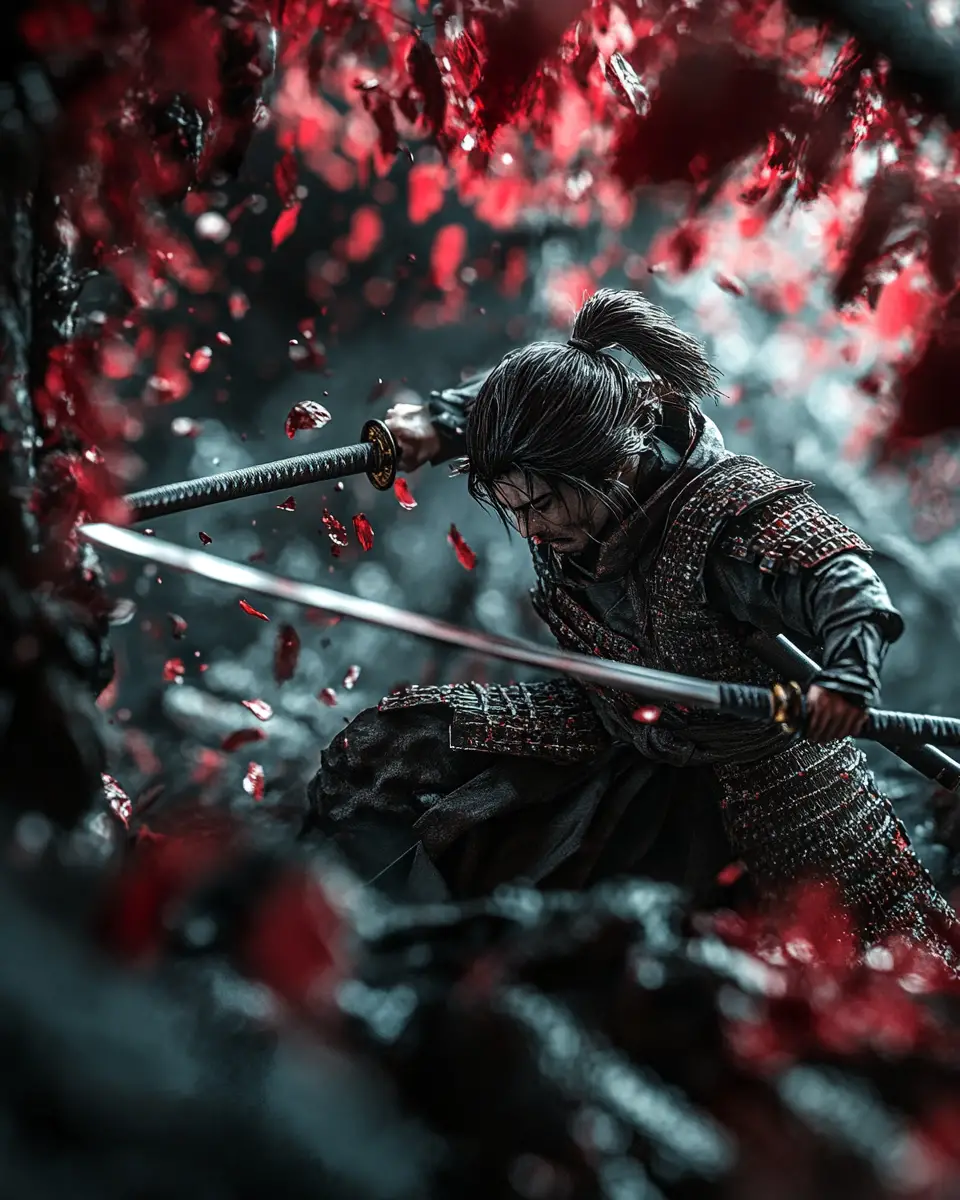 Miniature samurai warrior battling at night in the mountains