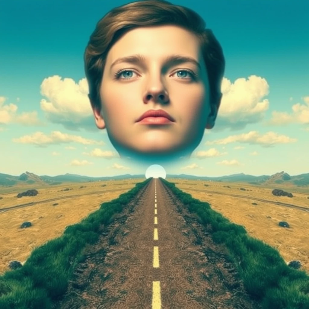 Rostro surreal que se transforma en paisaje y en ilusión de túnel