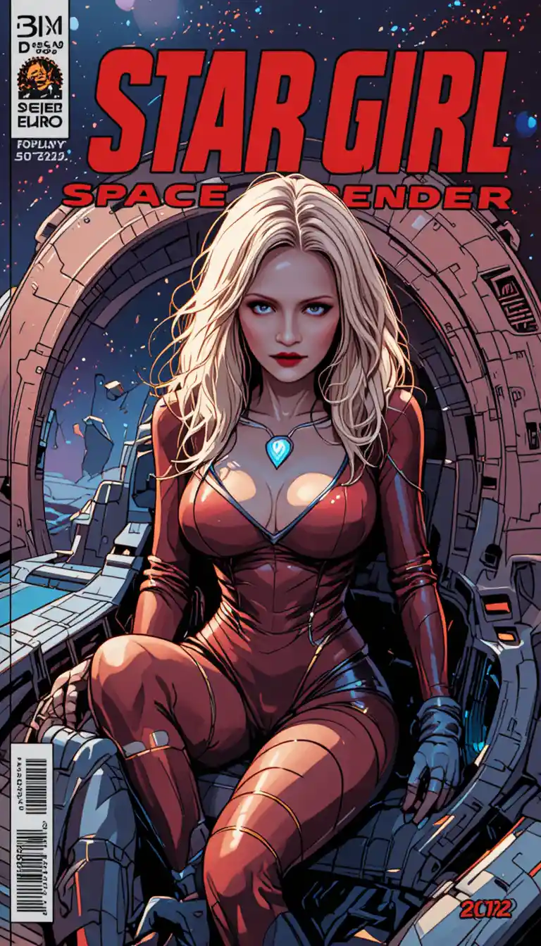 Ragazza pilota spaziale in stile anime su copertina di fumetto sci‑fi retrò
