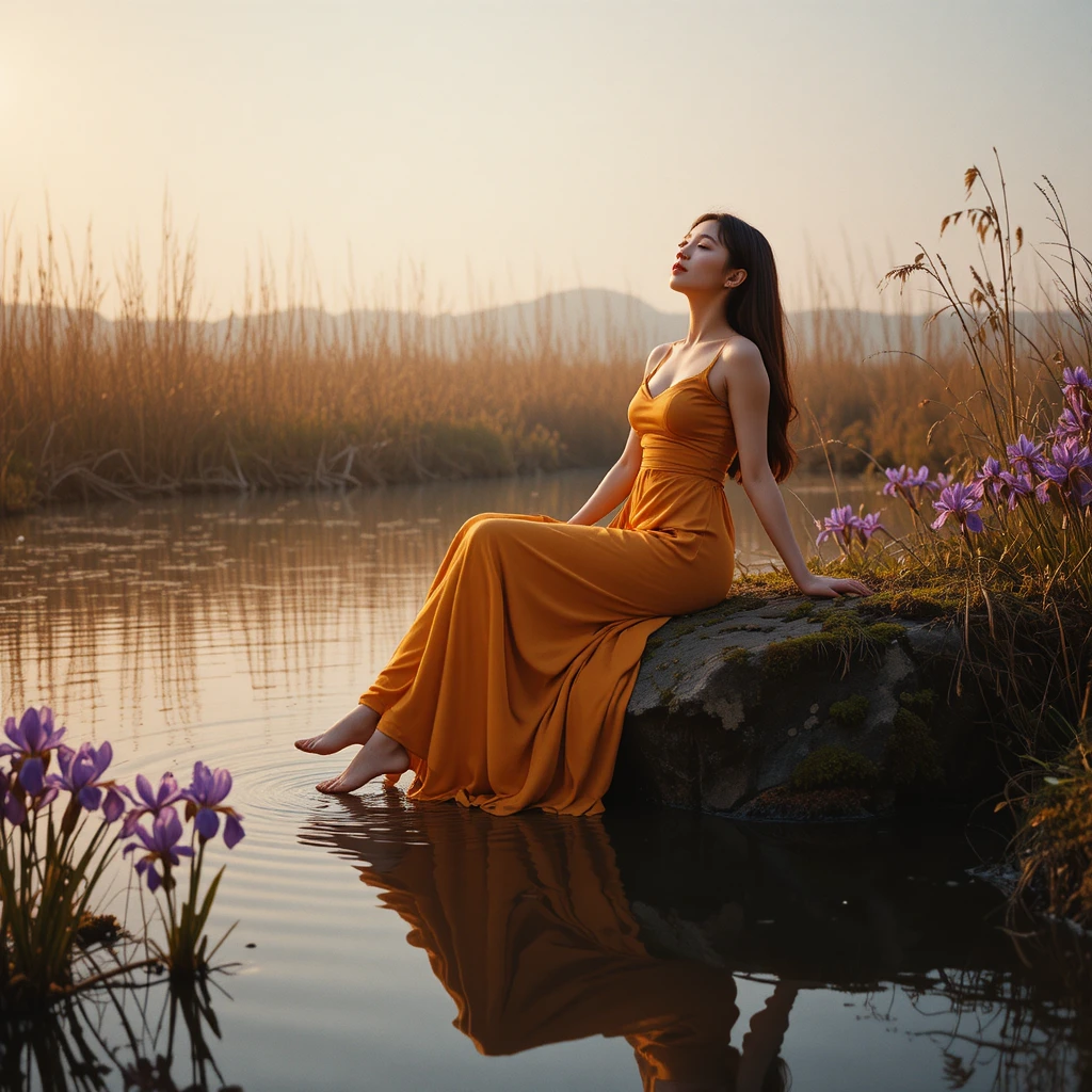Giovane donna in abito color ambra accanto a un lago calmo al mattino