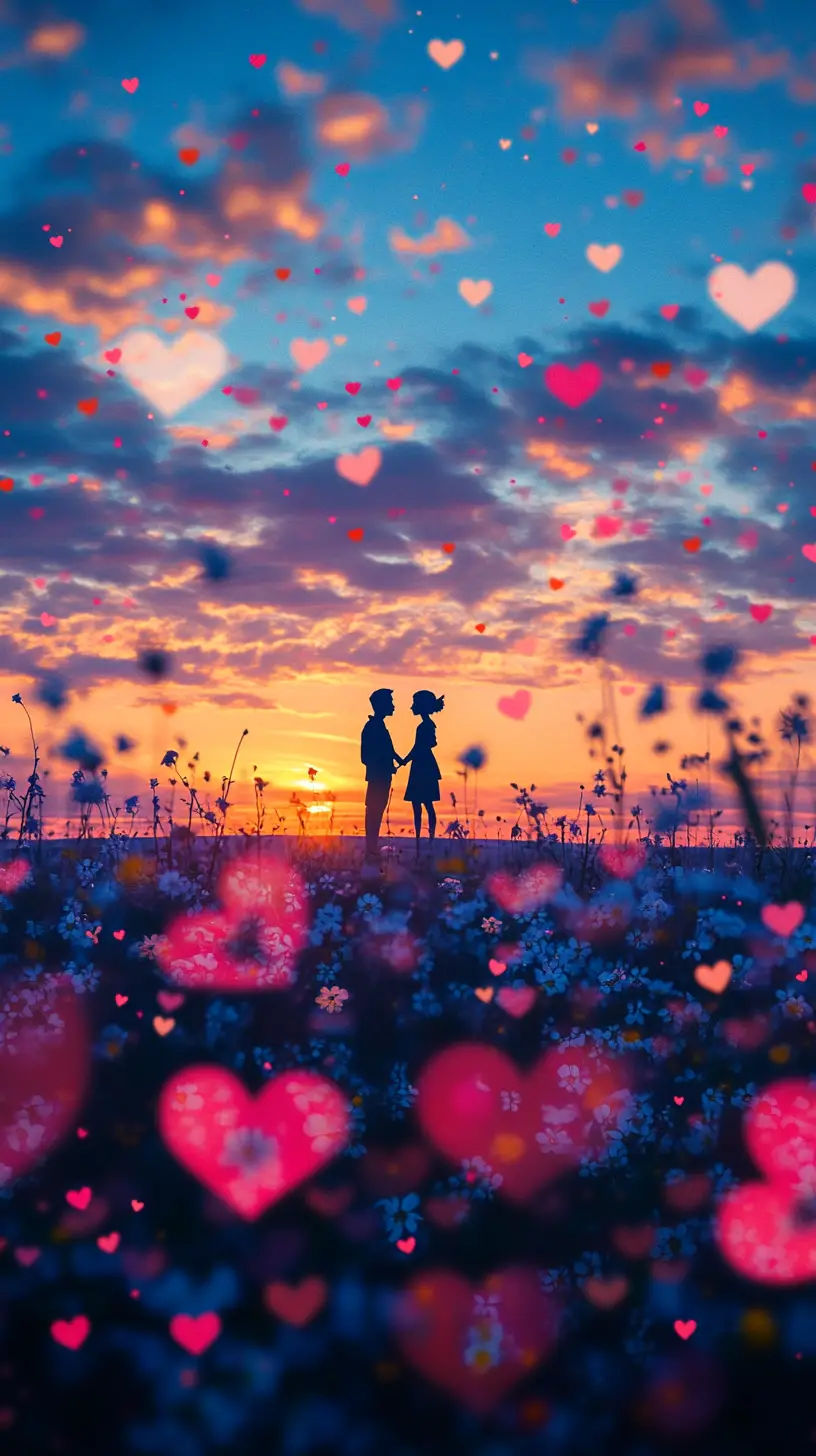 Tiny couple on sunset beach in romantic cartoon art