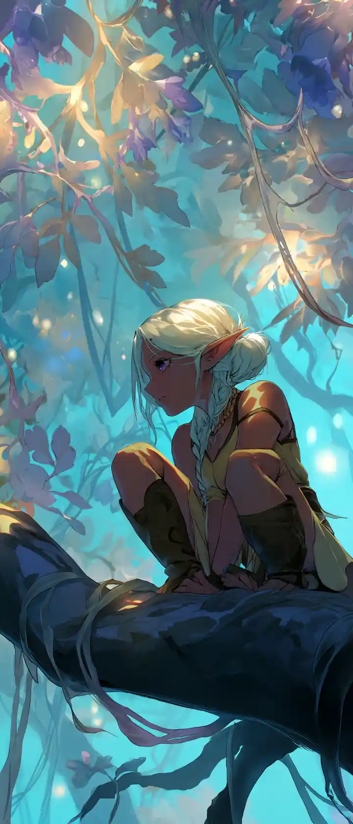 Wood elf woman crouching on a branch in magical forest