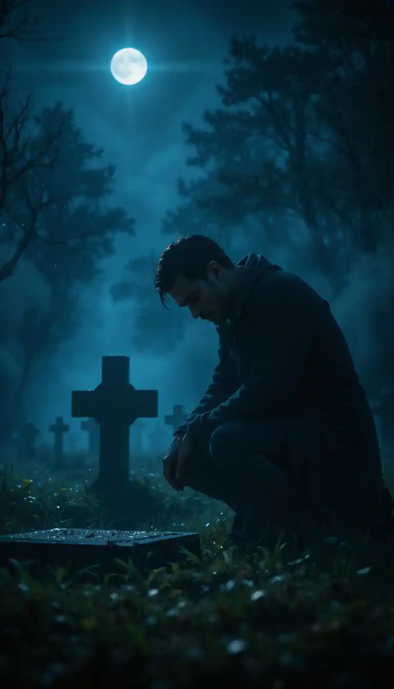 Grieving man kneeling at a grave under cold moonlight