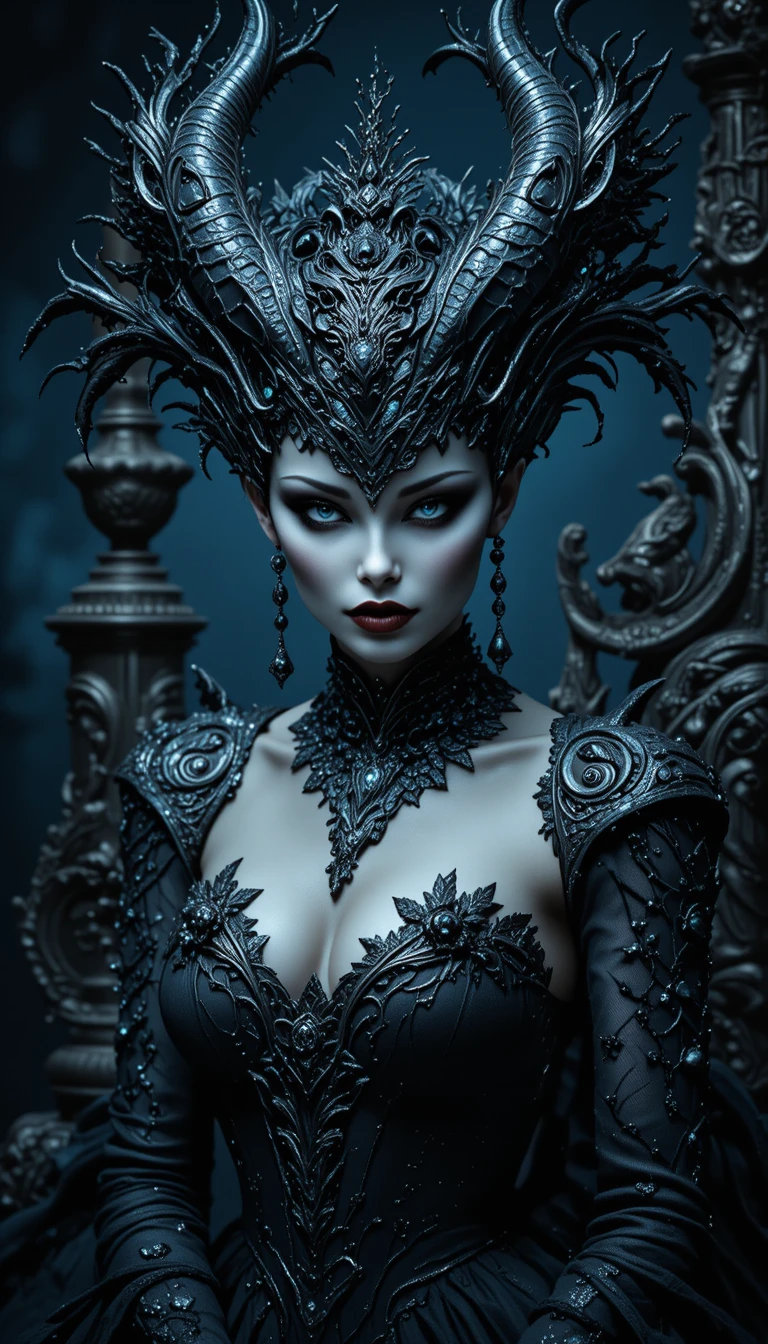 Rainha demoníaca em trono barroco em retrato de fantasia sombria