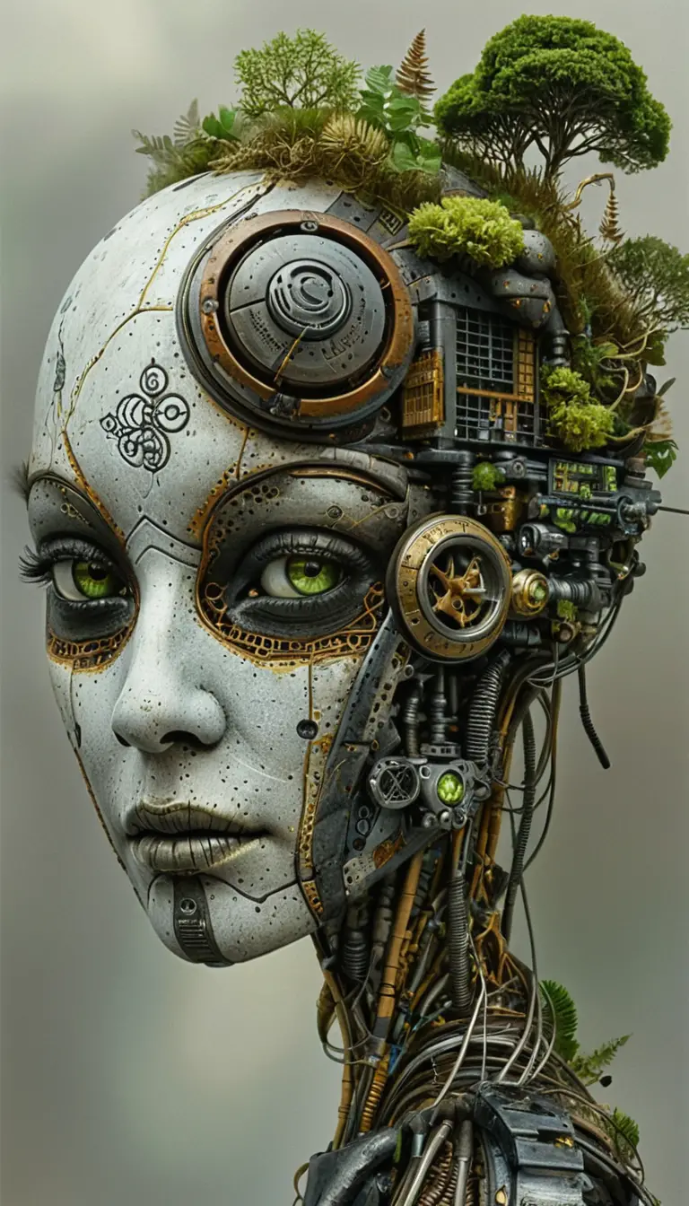 Surreal biomechanical android head merging forest and machinery