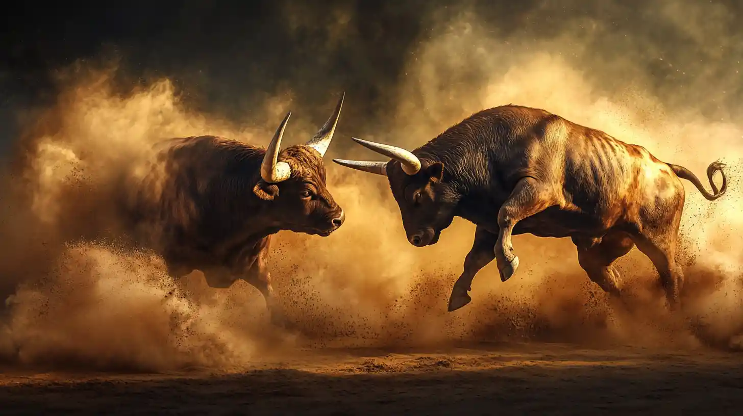 Two powerful bulls colliding in a dramatic dusty battle