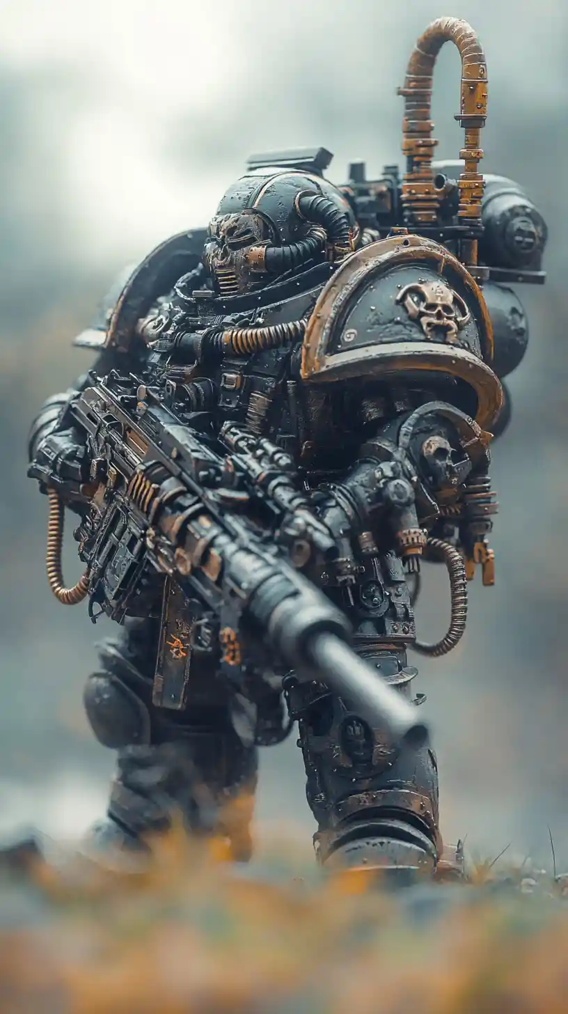 Armored soldier with massive gun in foggy battlefield