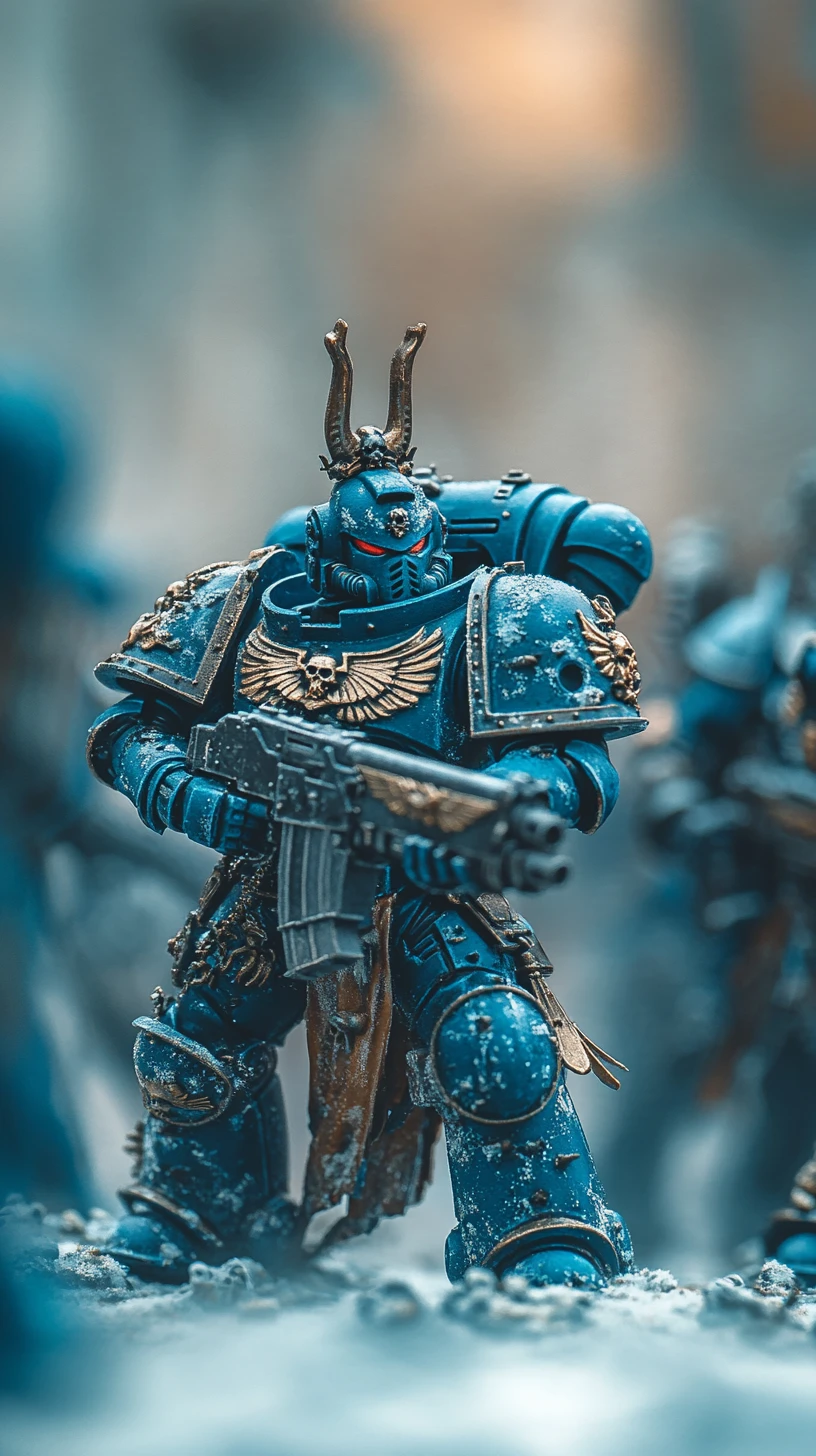 Soldado de ciencia ficción estilo Warhammer con armadura azul entre la niebla