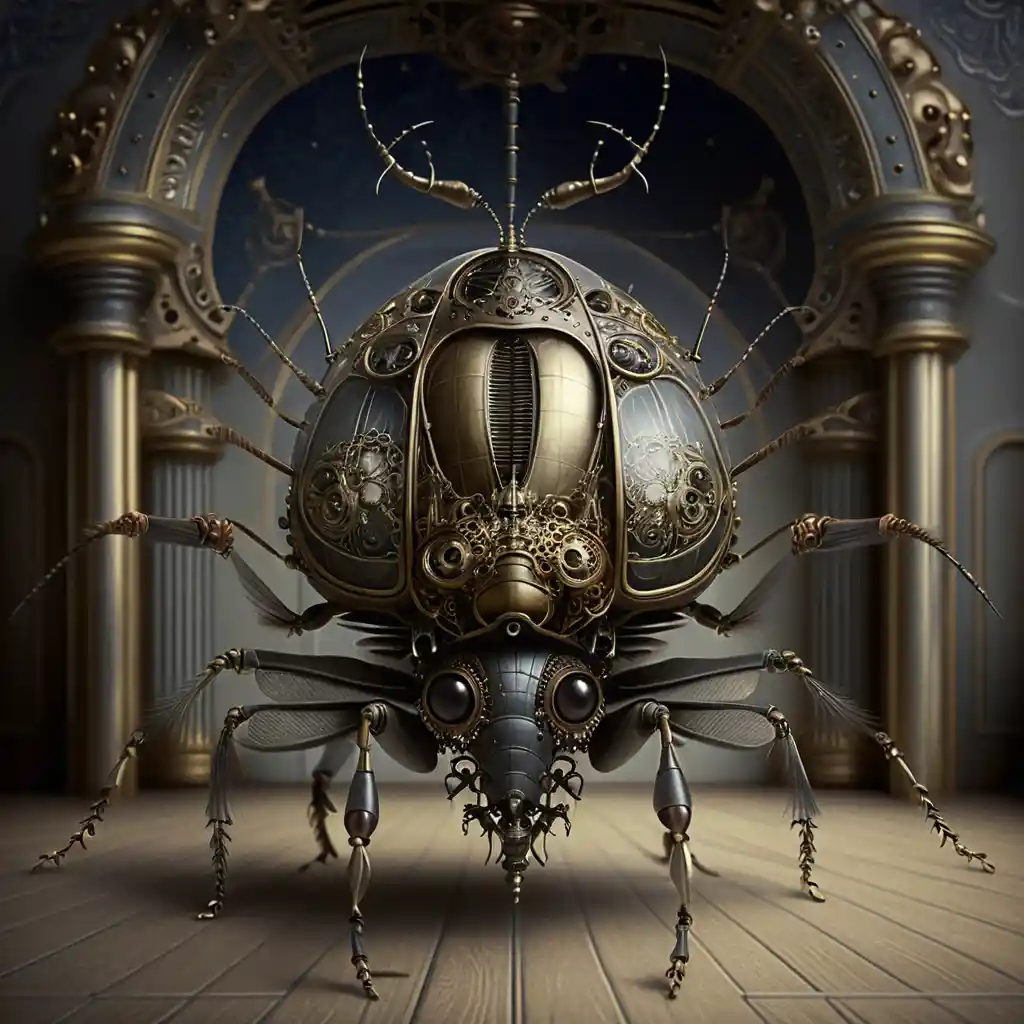 Steampunk Mechanical Beetle In Ornate Victorian Hall