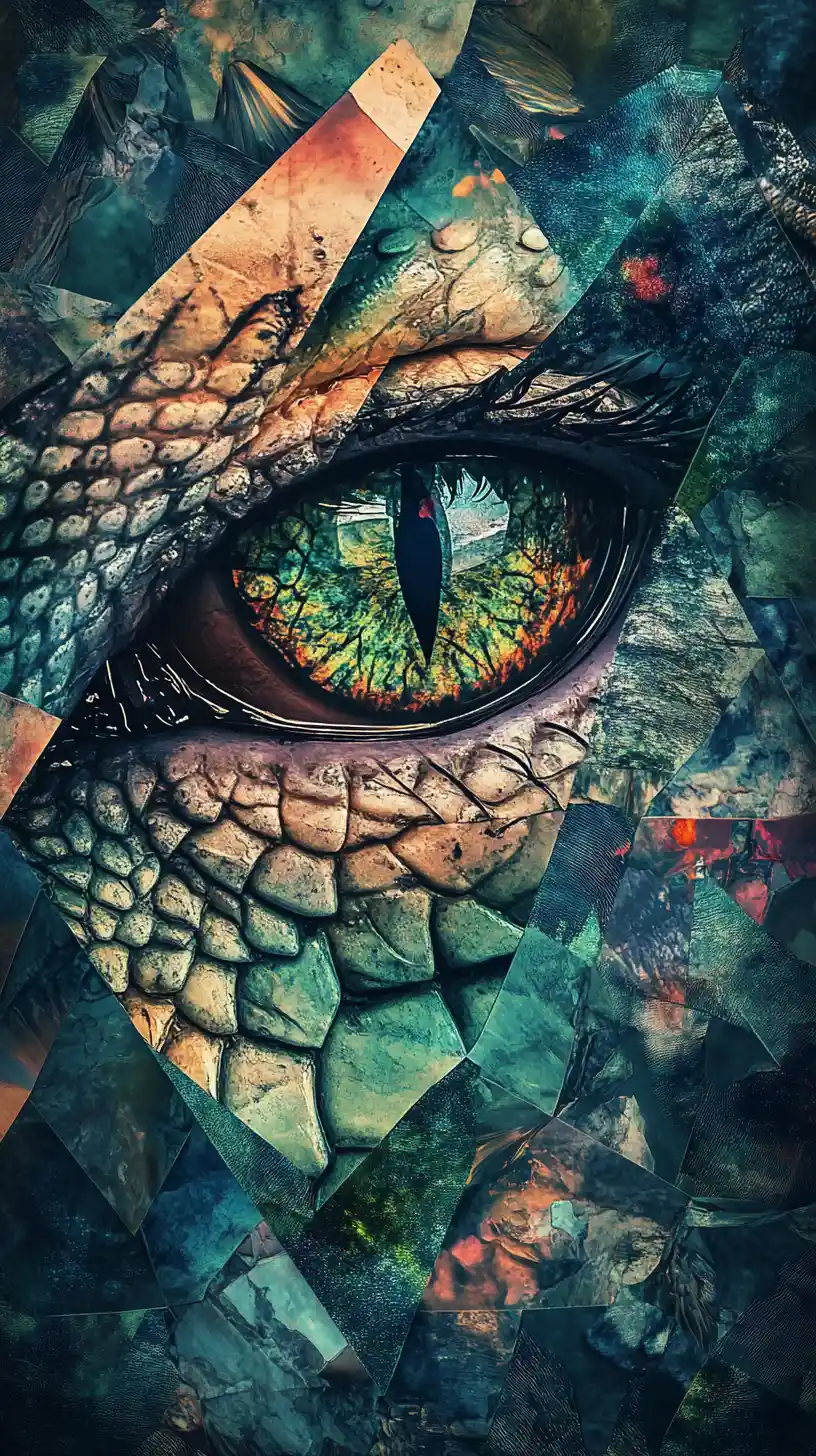 Psychedelic dragon eye formed from abstract illusion collage