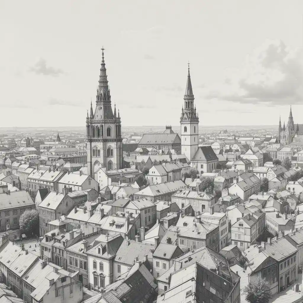 Paesaggio urbano in grafite della storica Praga con torri delle chiese