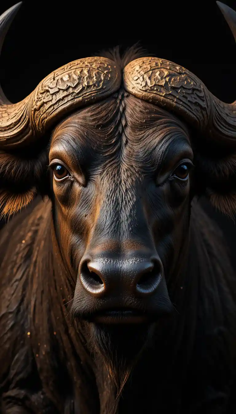 Majestic water buffalo close up with dramatic curved horns