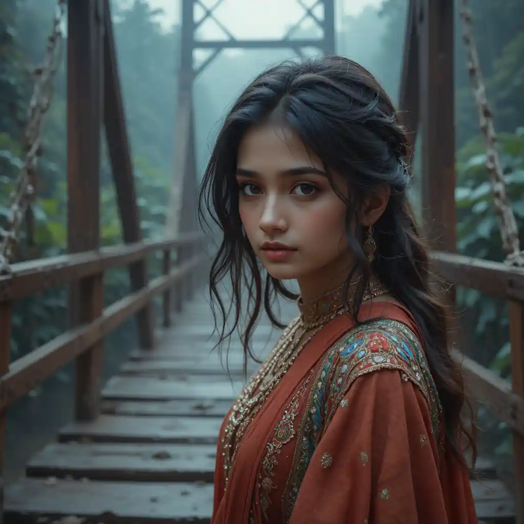 Lonely girl standing quietly on a bridge at night