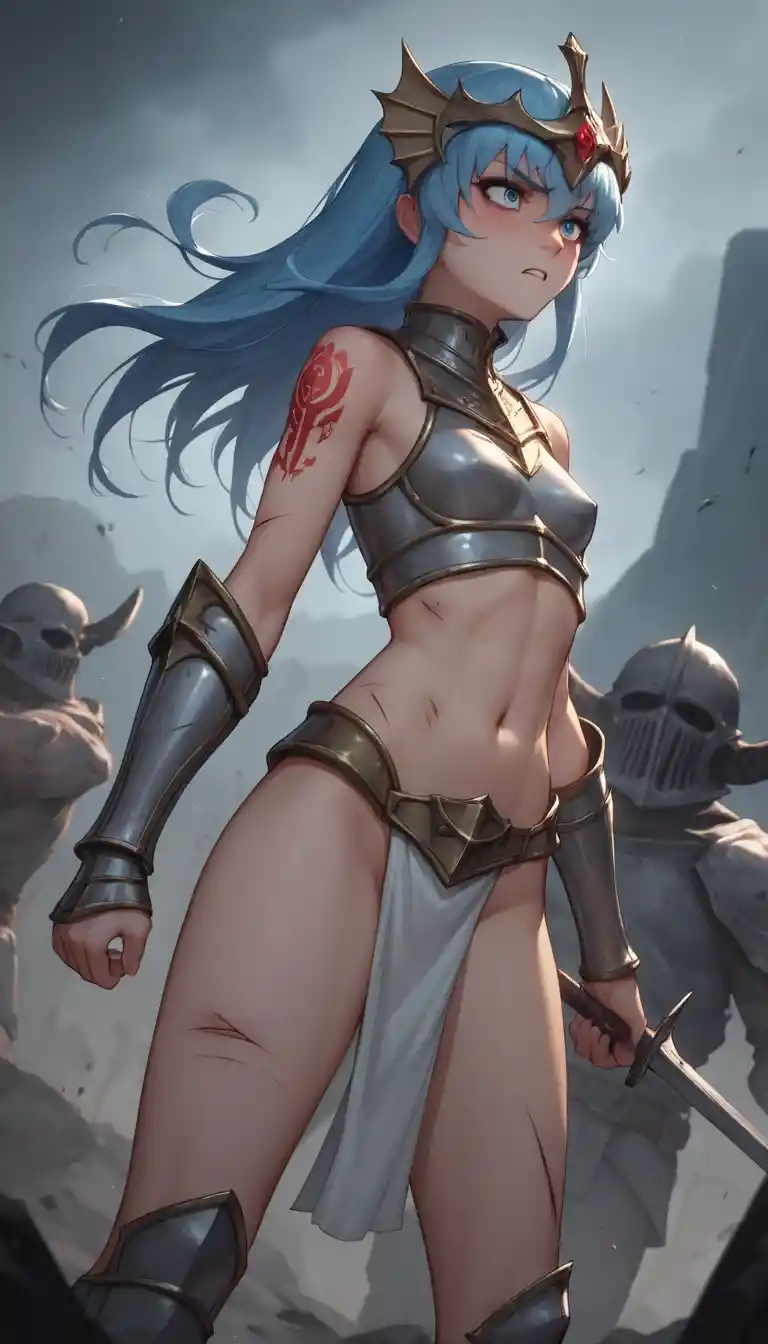 Injured anime girl knight on a misty moonlit battlefield