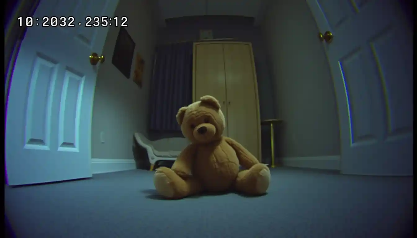 CCTV view of a child room with a turning teddy bear