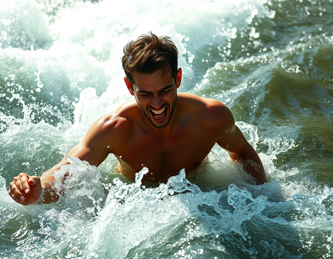 Joven luchando contra la corriente en un río bañado por el sol