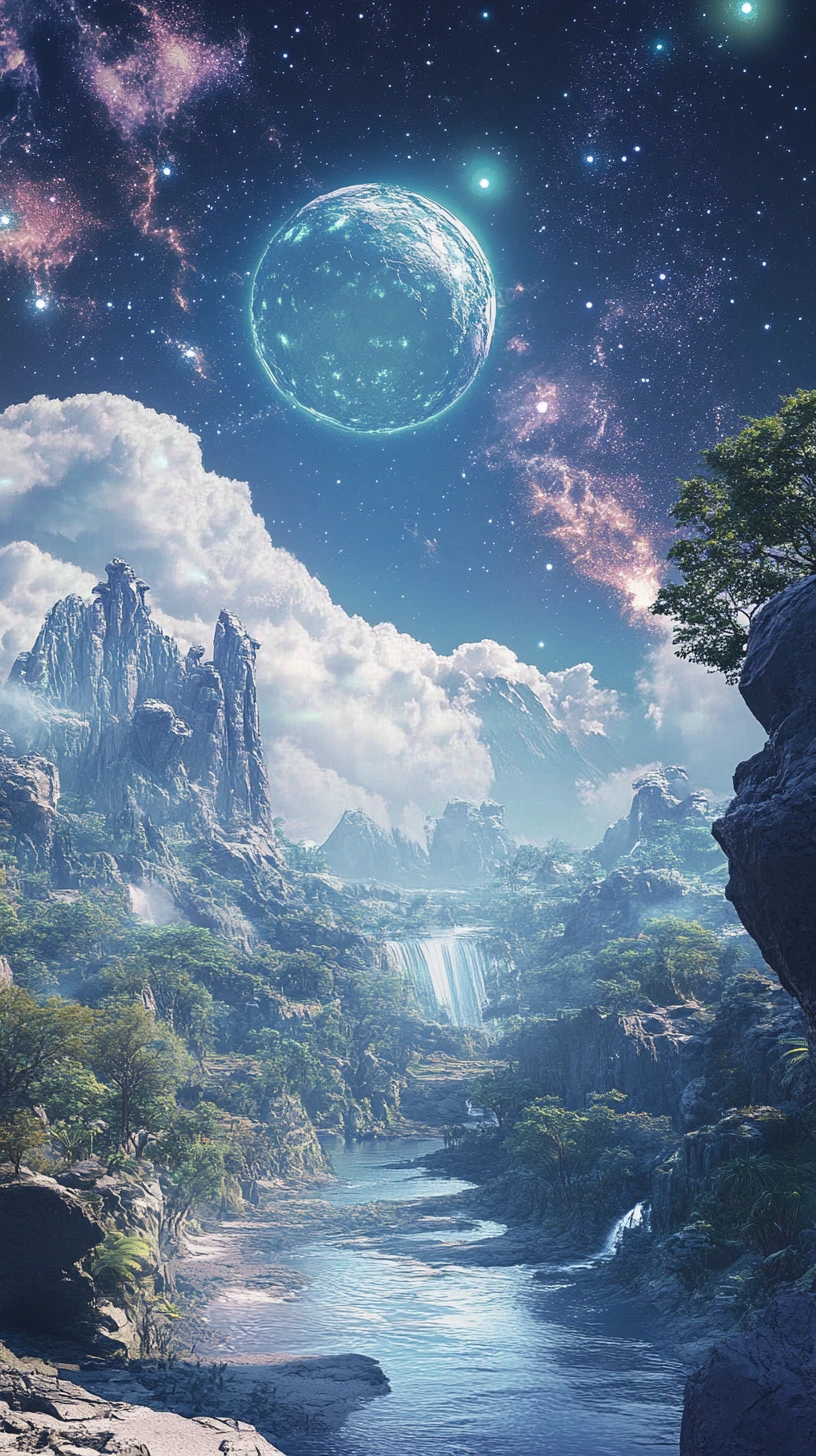 Alien planet Elyon with glowing forests and ringed sky
