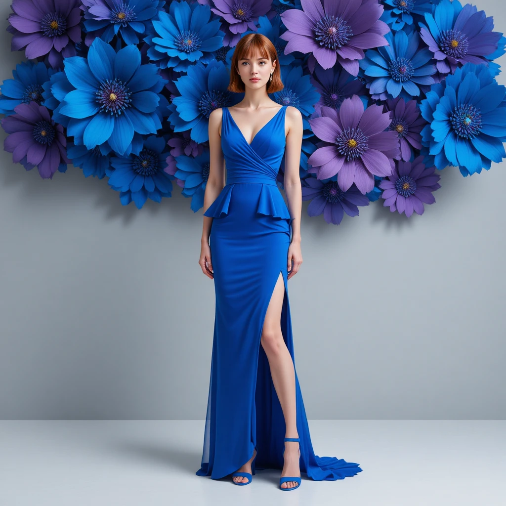 巨大な紙の花の前に立つ青いイブニングドレスの女性