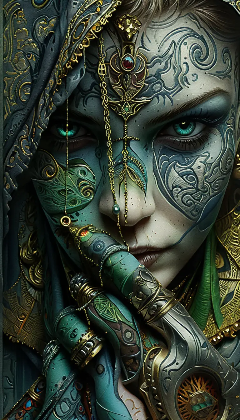 Cybernetic Egyptian goddess portrait with golden tribal adornments