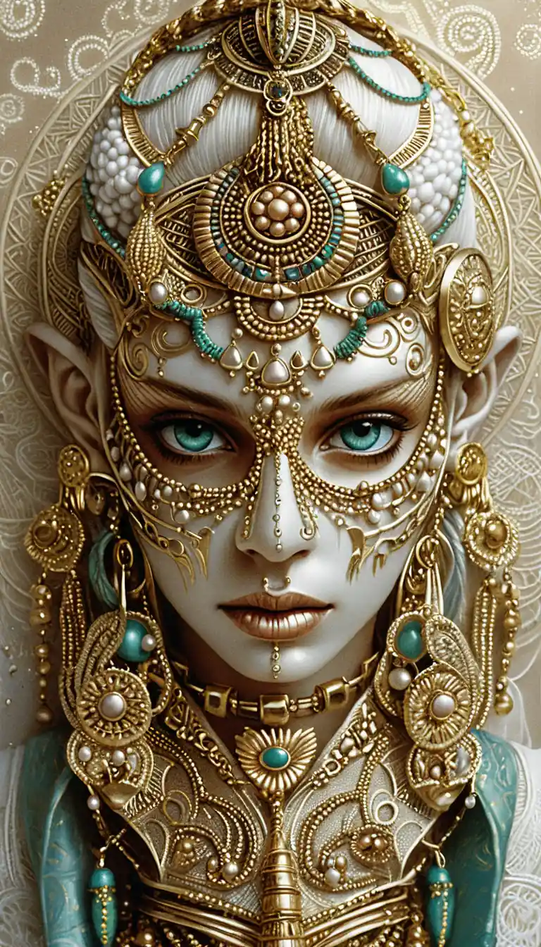 Mystical cybernetic egyptian goddess portrait with golden tribal adornment