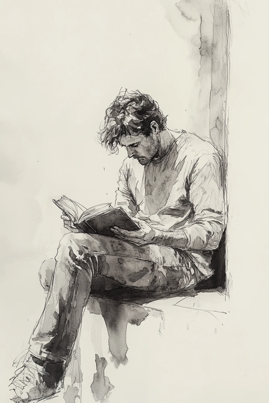 Artista haciendo bocetos a partir de un pequeño libro sobre un saliente de piedra