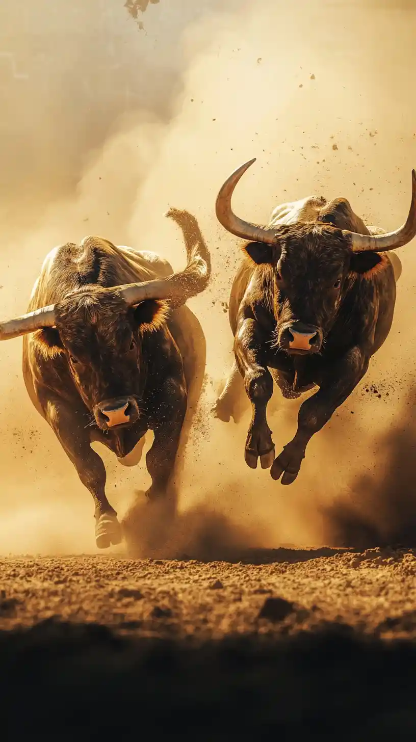 Two powerful bulls clash in a dramatic dusty arena