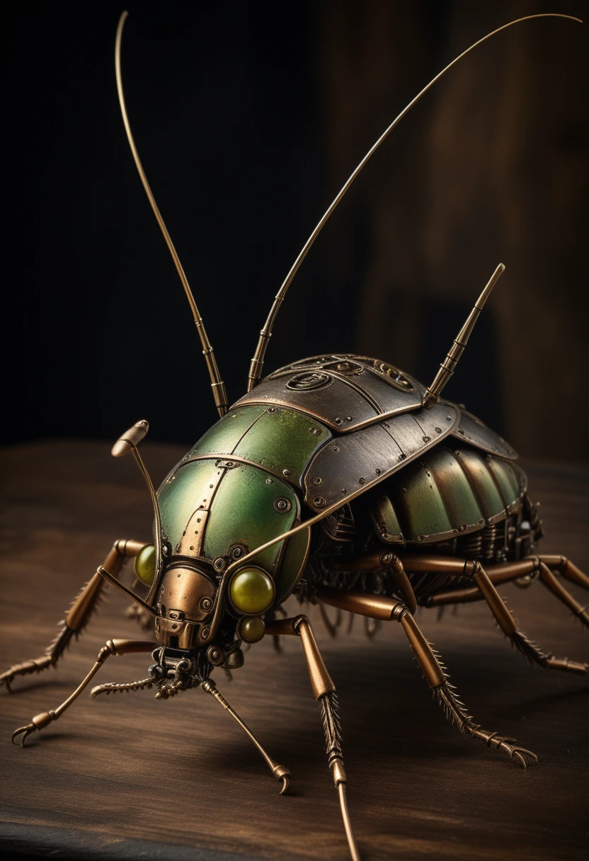 Photorealistic steampunk mechanical cricket on wooden base