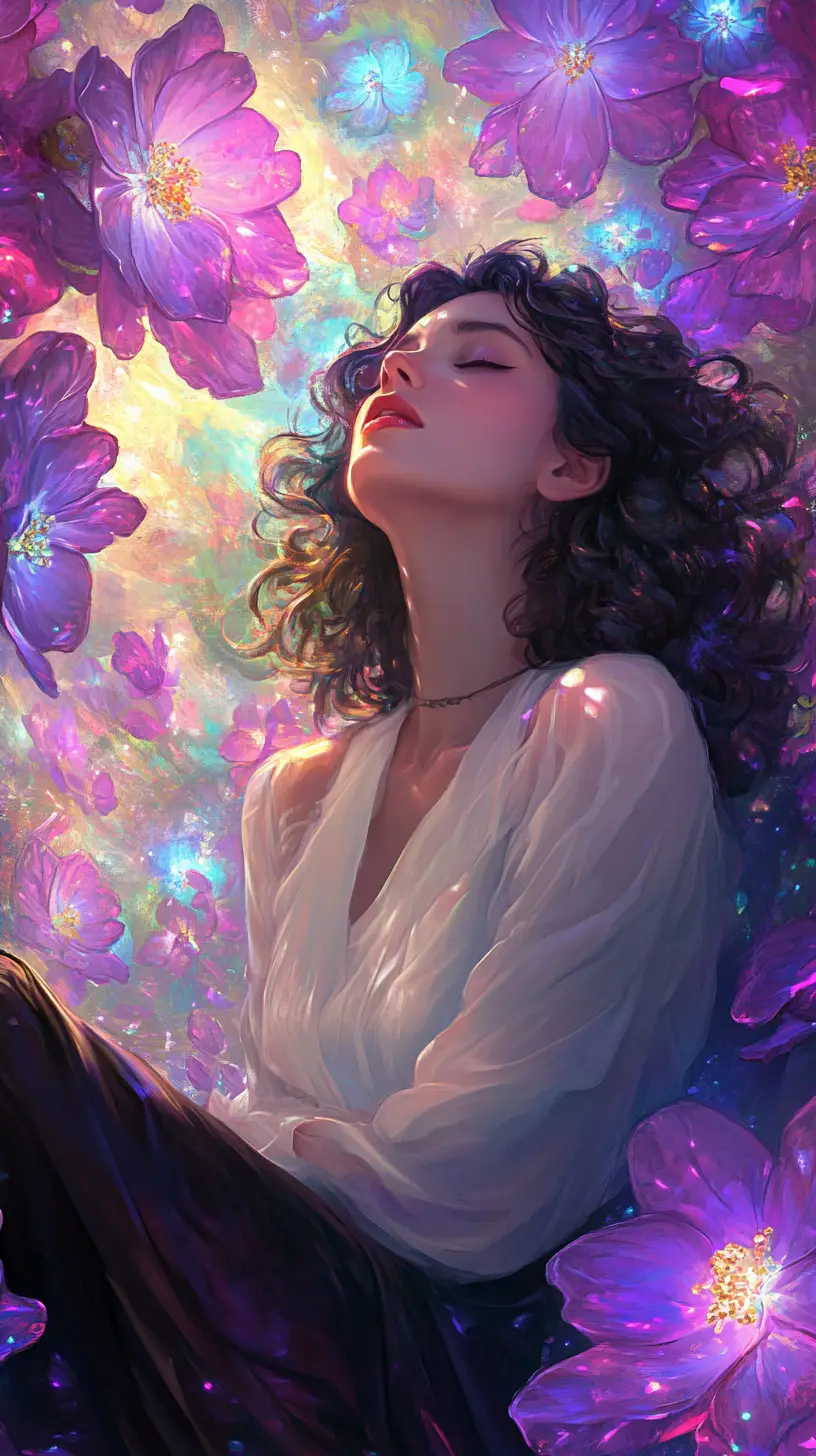 Mujer en pose serena entre flores fantásticas y brillantes
