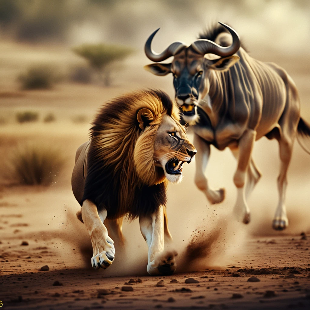 León embistiendo y persiguiendo a un ñu por la sabana polvorienta al atardecer